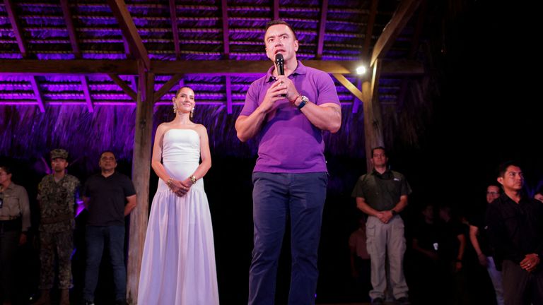 Daniel Noboa addresses the media as the electoral council says he has won the presidential election, in Santa Elena, Ecuador.  Pic: Reuters