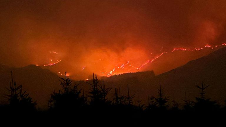The  fire in the Glen Trool area of the Galloway Forest Park.  Pic:: Galloway Mountain Rescue Team/PA