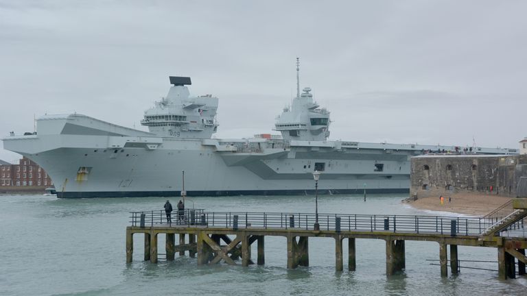 HMS Prince of Wales sails from Portsmouth Naval Base for preparations before a planned deployment of a carrier strike group to the Indo-Pacific region later this year. Picture date: Monday February 24, 2025.