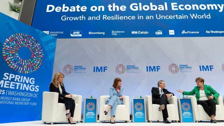 L-R: CNBC presenter Sara Eisen, UK Chancellor Rachel Reeves, German Finance Minister Joerg Kukies and IMF managing director Kristalina Georgieva at the IMF spring meetings. Pic: AP