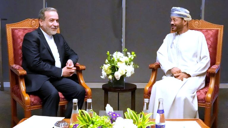 Iranian foreign minister Abbas Araghchi (left) meets his Omani counterpart Sayyid Badr Albusaidi. Pic: Iranian Foreign Ministry/AP