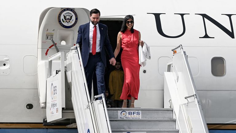 U.S. Vice President JD Vance and Second Lady Usha Vance arrive in New Delhi, India.  Pic: Reuters