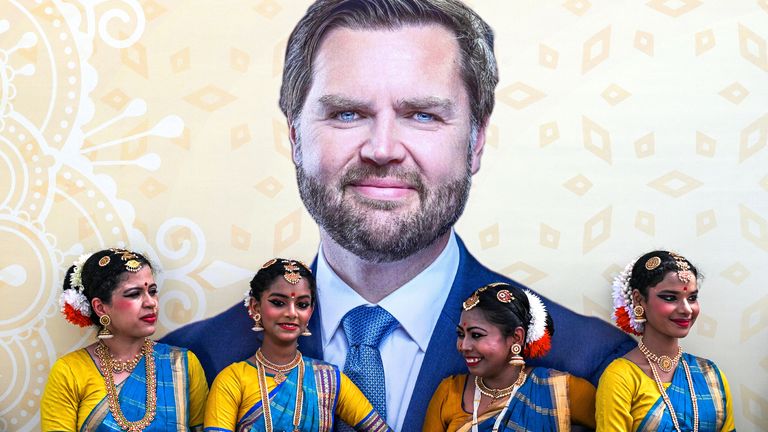 Dancers wearing traditional attires stand in front of a poster depicting U.S. Vice President JD Vance, on the day of his arrival, in New Delhi, India, April 21, 2025. Kenny Holston/Pool via REUTERS