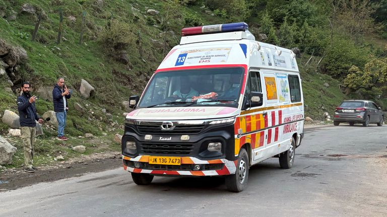 An ambulance drives following a suspected militant attack, near Pahalgam in south Kashmir's Anantnag district, April 22, 2025. REUTERS/Stringer