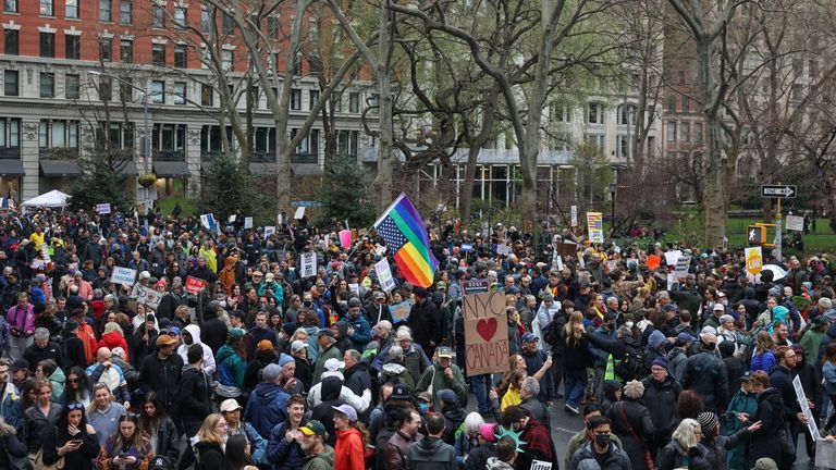 People protest in Manhattan, during a demonstration that is part of larger “Hands Off!” events organized nationwide against U.S. President Donald Trump, in New York City, New York, U.S., April 5, 2025. REUTERS/Caitlin Ochs