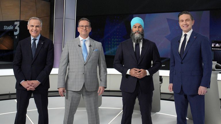 Mark Carney, Yves-Francois Blanchet, Jagmeet Singh and Pierre Poilievre pose for a photo before the French-language federal leaders' debate.  Pic: Reuters