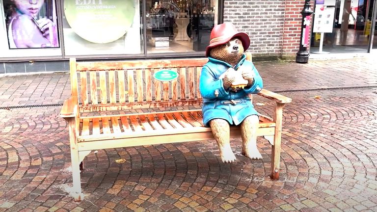 Screen grab taken from undated video issued by West Berkshire Council of the Paddington Bear statue on a bench in Newbury,  Pic: West Berkshire Council/PA