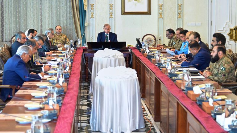 Pakistan's Prime Minister Shehbaz Sharif chairs the meeting of the National Security Committee, in Islamabad.  Pic: AP/Prime Minister's Office
