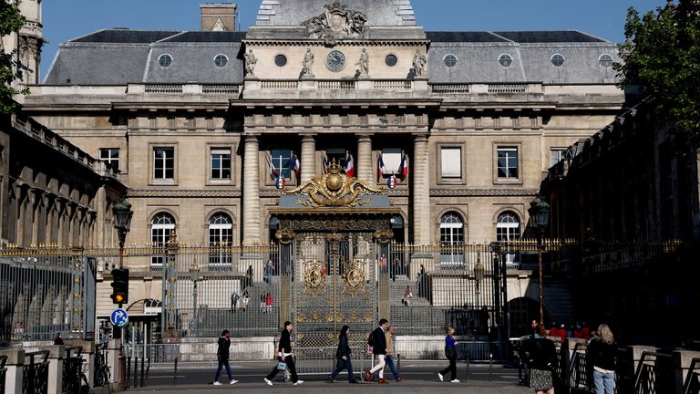 A general view shows the Palais de Justice, located on the Ile de la Cite, on the first day of the trial of 10 people accused of stealing millions of dollars worth of jewellery from Kim Kardashian, who was held at gunpoint in her apartment during Paris fashion week in 2016, a trial known as the "Rue Tronchet" affair, which is taking place at the Court of Appeal of Paris, France, April 28, 2025. REUTERS/Sarah Meyssonnier