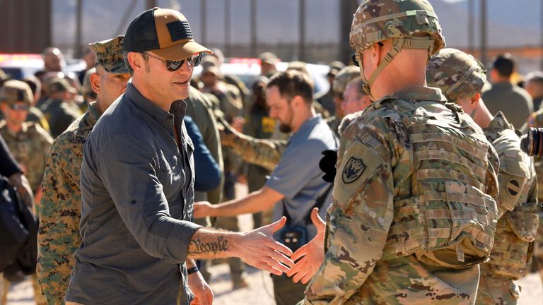 U.S. Defense Secretary Pete Hegseth meets with military personnel as he visits the border area in Sunland Park, New Mexico, February 3, 2025. REUTERS/Jose Luis Gonzalez