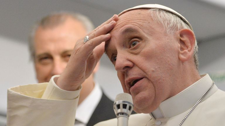 Pope Francis speaking aboard the papal plane in 2013 on its way back to Brazil, when he famously asked why should he judge gay people.  Pic: AP