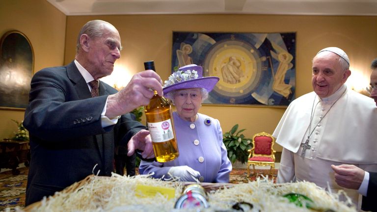 Pope Francis met Queen Elizabeth II and Prince Phillip in 2014 Pic:AP