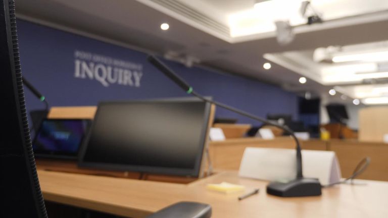 Inside the hearing room at the Post Office Horizon IT Inquiry.   Pic: Sky News