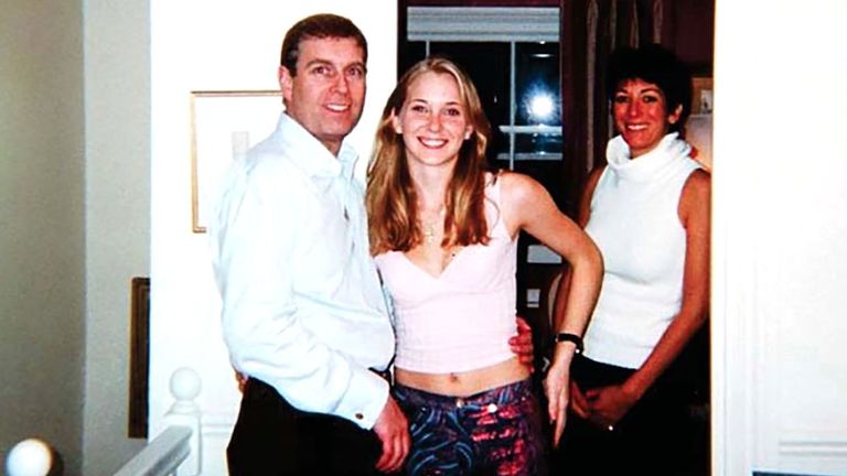 Prince Andrew and Virginia Roberts in 2001. Pic: Shutterstock     Prince Andrew, Virginia Roberts, aged 17, and Ghislaine Maxwell at Ghislaine Maxwell's townhouse in London, Britain on March 13 2001    2001
