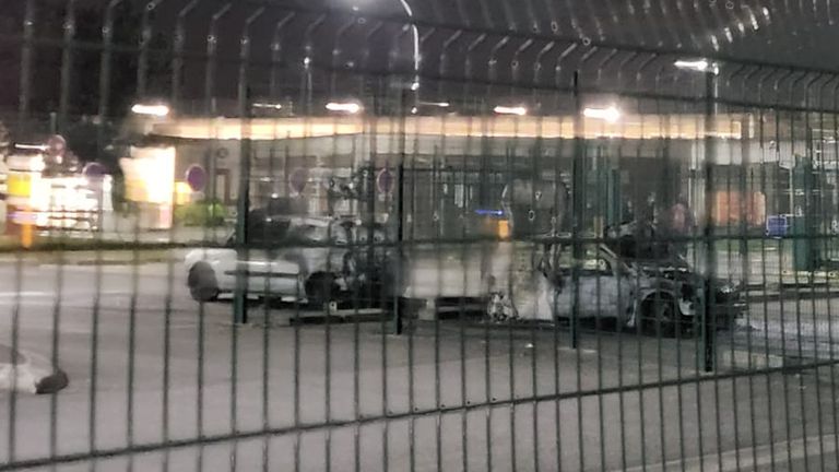 Burnt cars at Villepinte prison parking lot  Pic: @SyndFoJustice