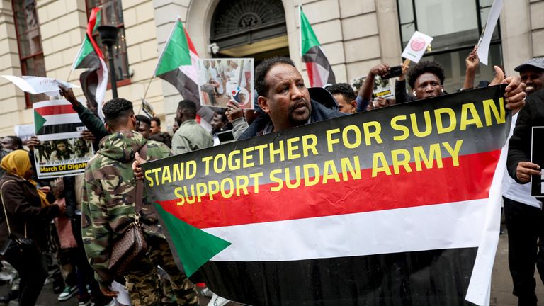 People gather to protest against the conflict in Sudan, on the day of the two-year anniversary of the conflict, as the London Sudan conference takes place, in London, Britain April 15, 2025. REUTERS/Isabel Infantes