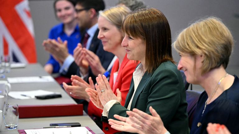 Britain's Chancellor of the Exchequer Rachel Reeves applauds following the India-UK Economic and Financial Dialogue (EFD), at the London Stock Excahnge Group (LSEG) in central London, Britain, April 9, 2025. JUSTIN TALLIS/Pool via REUTERS JUSTIN TALLIS/Pool via REUTERS
