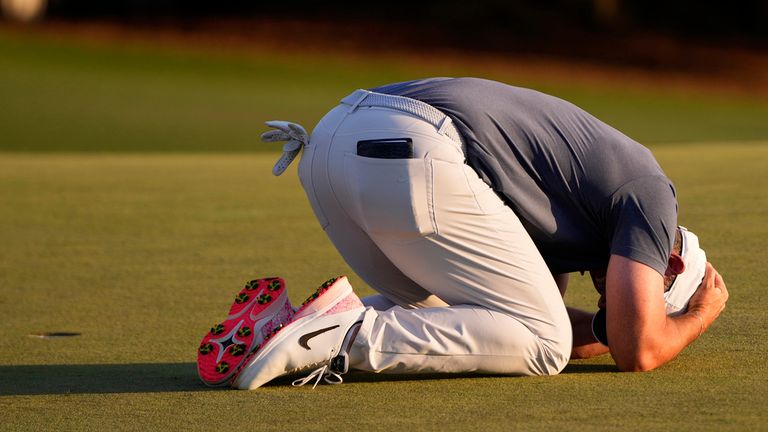 Rory McIlroy, of Northern Ireland, reacts after winning in a playoff against Justin Rose after the final round at the Masters golf tournament, Sunday, April 13, 2025, in Augusta, Ga. (AP Photo/Julia Demaree Nikhinson)