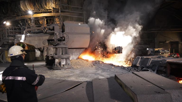 A worker at the British Steel Ltd steelworks in Scunthorpe, North Lincolnshire,