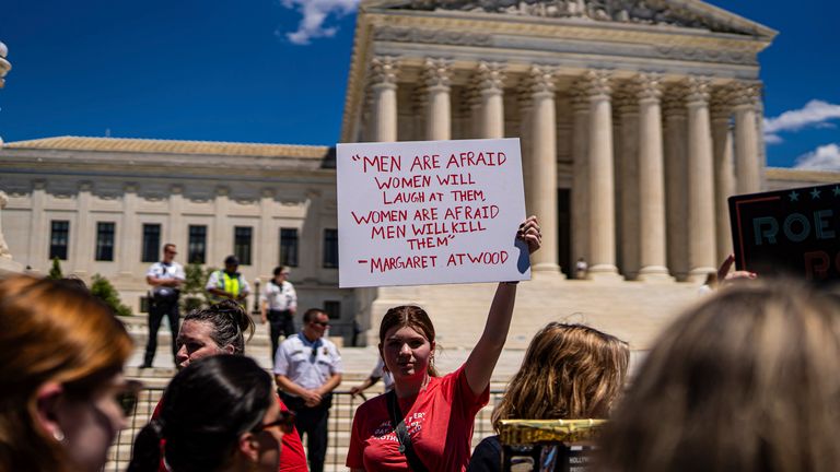 Protesters at the Supreme Court mark two years since the overturning of Roe v Wade. Pic: AP