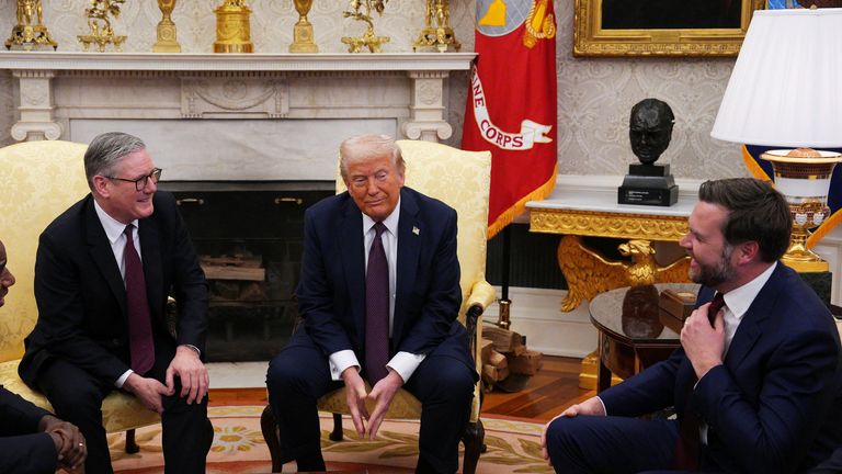 UK Prime Minister Sir Keir Starmer, left, with Donald Trump, centre, and JD Vance in the Oval Office in February. Pic: Reuters