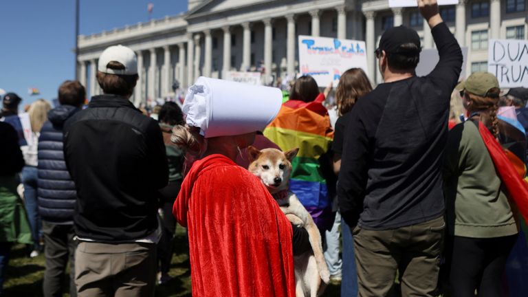 People participate in a protest at the Utah State Capitol building in a demonstration that is part of larger "Hands off" events organized nationwide against U.S. President Donald Trump, in Salt Lake City, Utah, U.S., April 5, 2025. REUTERS/Jim Urquhart