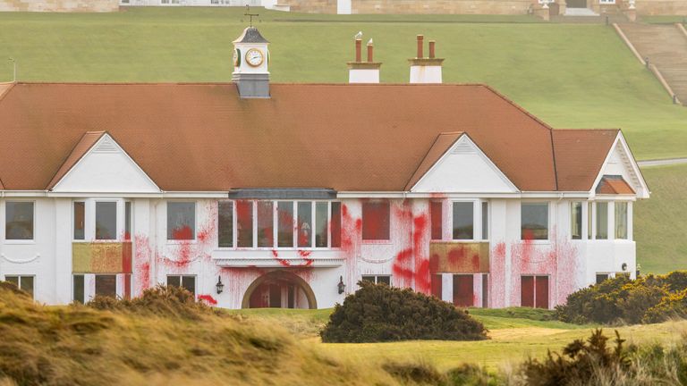 Handout photo issued by Palestine Action of damage to Trump Turnberry, which has been vandalised by activists. Palestine Action described it as a 'direct response to the US administration's stated intent to ethnically cleanse Gaza'. Issue date: Saturday March 8, 2025. The golf course in South Ayrshire, owned by the US president, was targeted overnight, with activists painting Gaza Is Not For Sale in three-metre high letters on the lawn, and damaging the greens including the course's most prestig