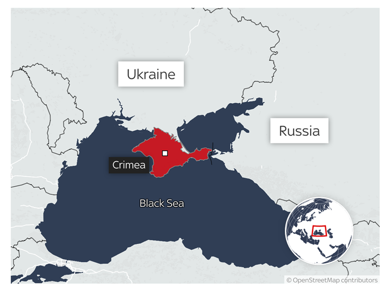 A map showing Russia, Ukraine and Crimea