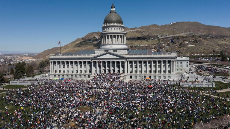 A drone view shows a protest at the Utah State Capitol building in a demonstration that is part of larger "Hands off" events organized nationwide against U.S. President Donald Trump, in Salt Lake City, Utah, U.S., April 5, 2025. REUTERS/Jim Urquhart