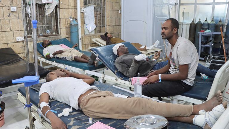 Injured migrants lie on hospital beds after a strike hit a detention centre in Saada, Yemen.  Pic: Reuters