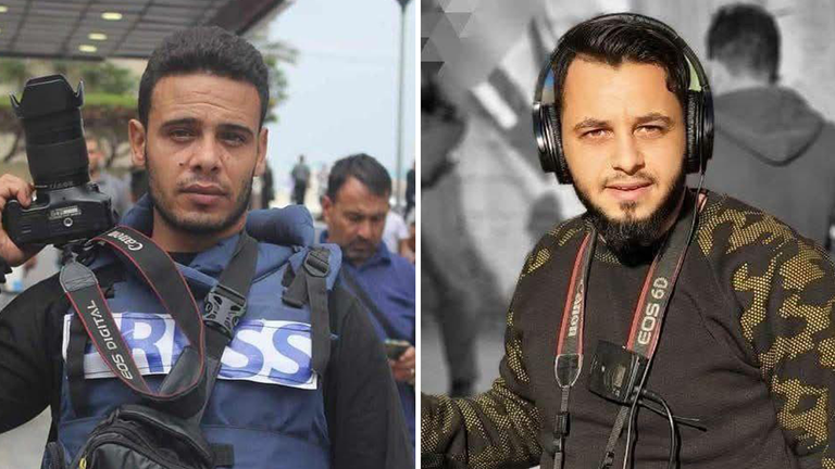 Sourced via Rosabel Crean from SN For Desk:  [LEFT] Journalist Abdel Rahman Al-Abadleh had been killed in an Israeli airstrike on the town of Al-Qarara, southern Gaza. He had been missing for two days, and only this morning his fate was confirmed  [RIGHT] Journalist Aziz Al-Hajjar, his wife, and their children were killed in an Israeli airstrike on Bir Al-Naaja neighbourhood in northern Gaza