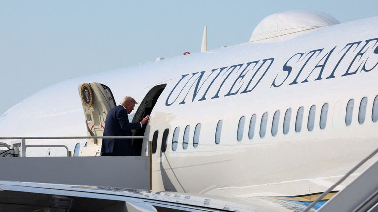 Donald Trump boarding Air Force One earlier this month.  Pic: Reuters/Leah Mills
