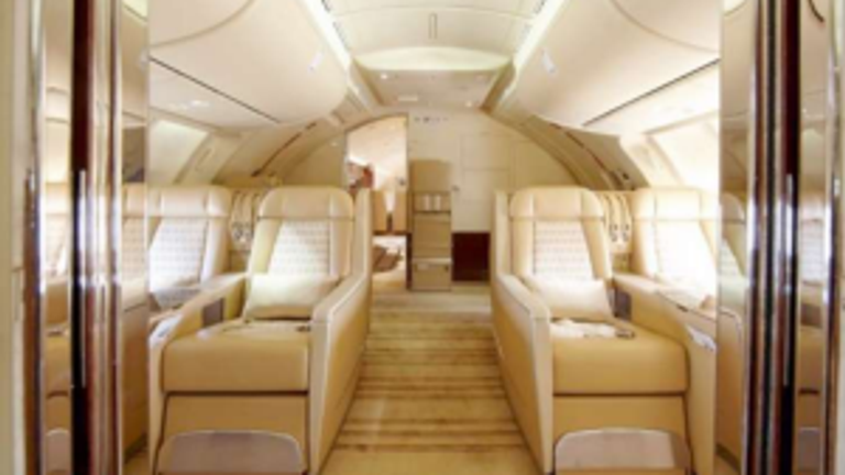 Inside the Qatari plane Mr Trump wants to use as a replacement for Air Force One. A luxurious looking lounge area with recliner seats.  Pic: Amac Aerospace