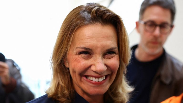Plaintiff Amelie K reacts as she speaks to members of the media at the courthouse, as the court convicted French actor Gerard Depardieu of sexual assault of two women, which prosecutors said took place during the filming of "Les Volets Verts," in Paris, France, May 13, 2025. REUTERS/Piroschka van de Wouw