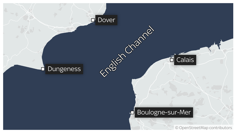 map locating relevant sites for migrant boat sinking off coast of France inc Boulogne-sur-Mer