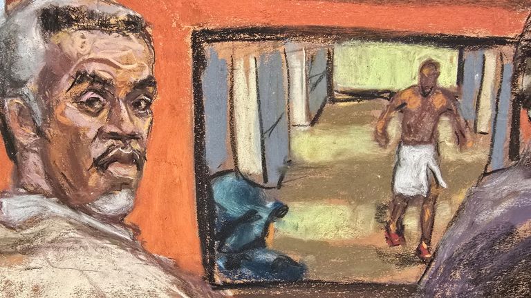 Sean "Diddy" Combs listens as his former girlfriend Casandra "Cassie" Ventura (not seen) testifies as a video from a hotel is played at his sex trafficking trial in New York City, New York, U.S., May 14, 2025 in this courtroom sketch. REUTERS/Jane Rosenberg