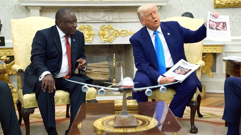 President Donald Trump meets South Africa's President Cyril Ramaphosa in the Oval Office. Pic: AP