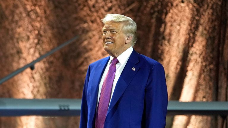 President Donald Trump on 15 May in Doha, Qatar. Pic: AP/Alex Brandon