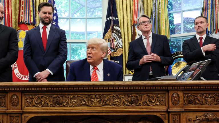 President Trump announces a trade deal with the UK. Pic: Reuters