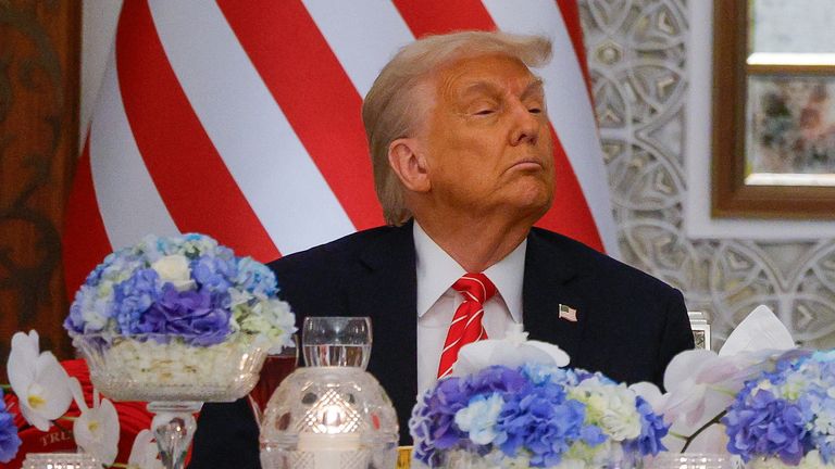 Donald Trump listens as Qatar's Emir Tamim bin Hamad Al Thani (not pictured) speaks at a state dinner.  Pic: Reuters