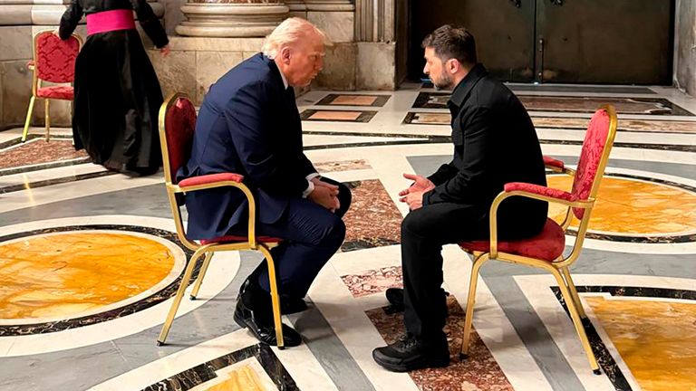 In this photo provided by the Ukrainian Presidential Press Office, Ukraine's President Volodymyr Zelenskyy, right, and President Donald Trump, talk as they attend the funeral of Pope Francis in Vatican, Saturday, April 26, 2025.(Ukrainian Presidential Press Office via AP)
