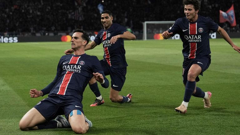 PSG's Fabian Ruiz celebrates his first-half goal. Pic: AP