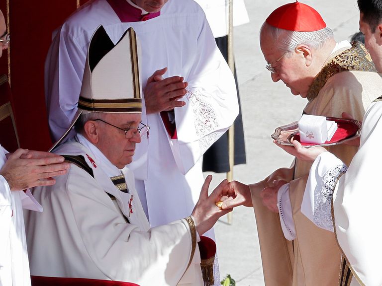 The Fisherman's Ring placed on Francis' finger during his inaugural mass. Pic: Reuters