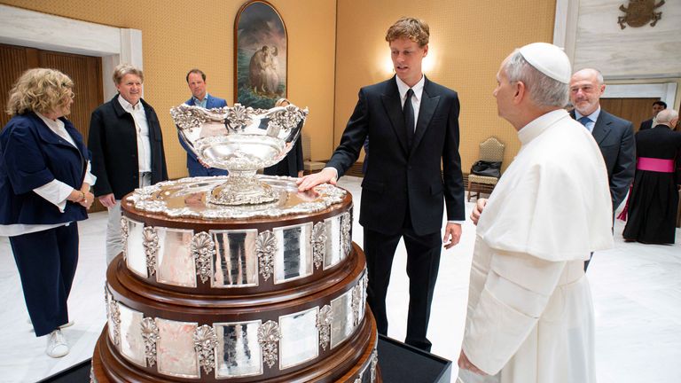 Jannik Sinner meets Pope Leo XIV during a private audience at the Vatican.  Pic: Vatican Media/Reuters