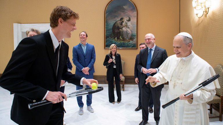 Jannik Sinner meets Pope Leo XIV during a private audience at the Vatican.  Pic: Vatican Media/Reuters