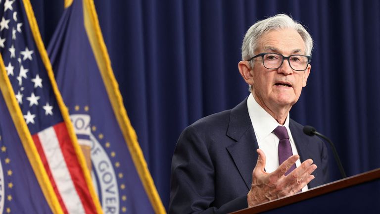 US Federal Reserve Chair Jerome Powell speaks during a news conference. Pic: Reuters