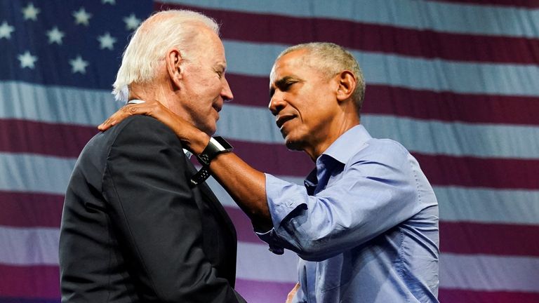U.S. President Joe Biden and former President Barack Obama attend a campaign event for Democratic U.S. senatorial candidate John Fetterman and Democratic nominee for Pennsylvania governor Josh Shapiro in Philadelphia, Pennsylvania, U.S. November 5, 2022. REUTERS/Kevin Lamarque TPX IMAGES OF THE DAY