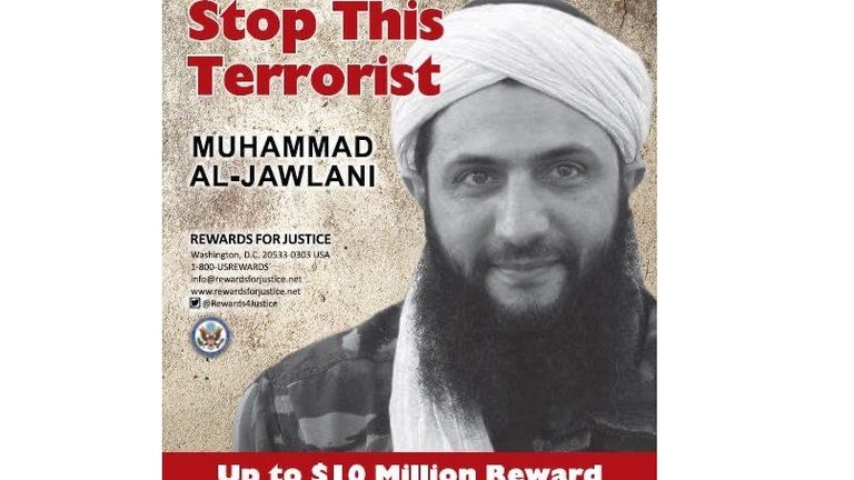 Wanted poster issued by the US state department for HTS leader Jolani in May 2017.
