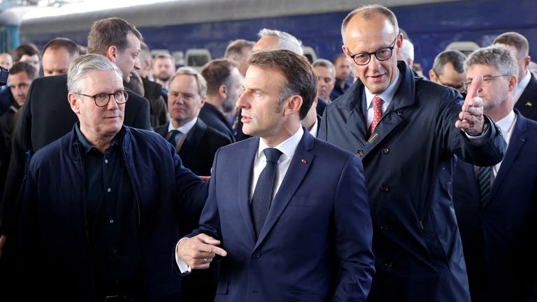 (L-R): Sir Keir Starmer, France's President Emmanuel Macron, and Germany's Chancellor Friedrich Merz arrive at Kyiv railway station. Pic: Reuters