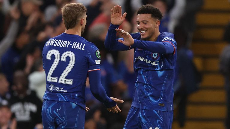 Chelsea v Djurgarden - Stamford Bridge, London, Britain - May 8, 2025 Chelsea's Kiernan Dewsbury-Hall celebrates scoring their first goal with Chelsea's Jadon Sancho REUTERS/David Klein